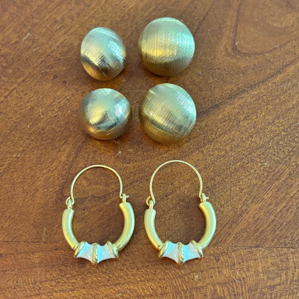 1980s Gold Tone Earring Lot 2 Brushed Dome Studs Plus White Enamel Hoop No Backs